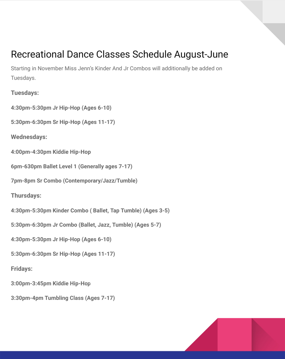 Strive Dance and Performing Arts Recreational Dance Schedule