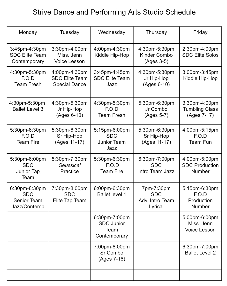 Strive Dance and Performing Arts Studio Schedule